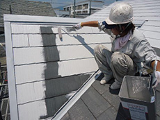 ライオンホームで屋根塗装。屋根に下塗り材を塗っています。塗料の密着を高めるための物です。